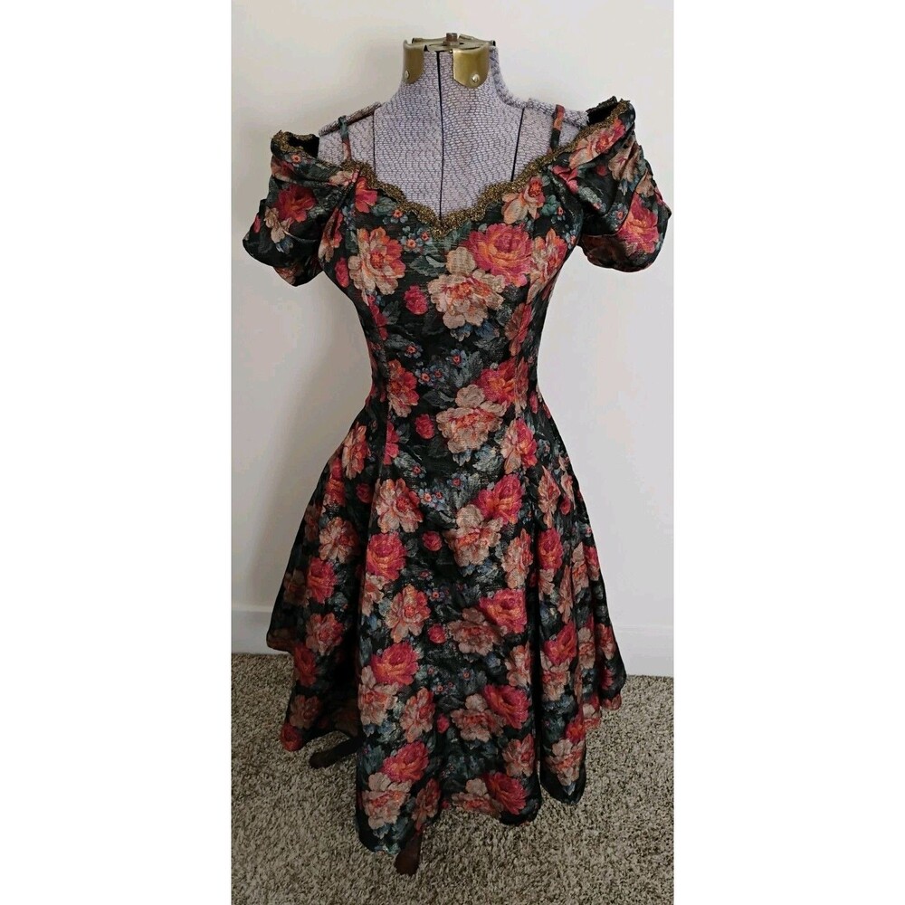 Vtg 90's Karen Lucas Niki Dress Floral Cottage Off Shoulder Formal Y2k XS